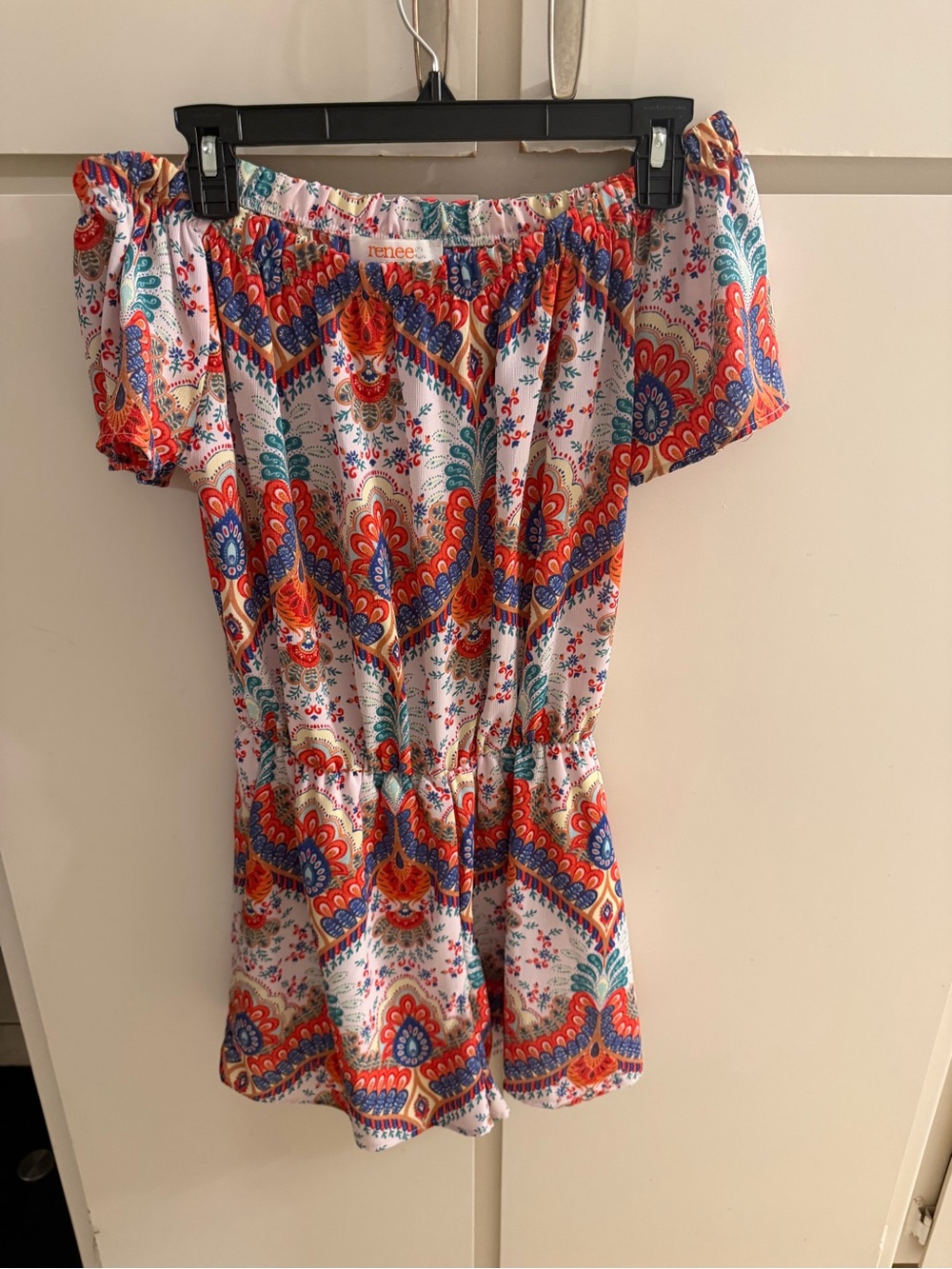 Renee C. Floral Paisley Off-Shoulder Romper in Coral, Navy & Teal